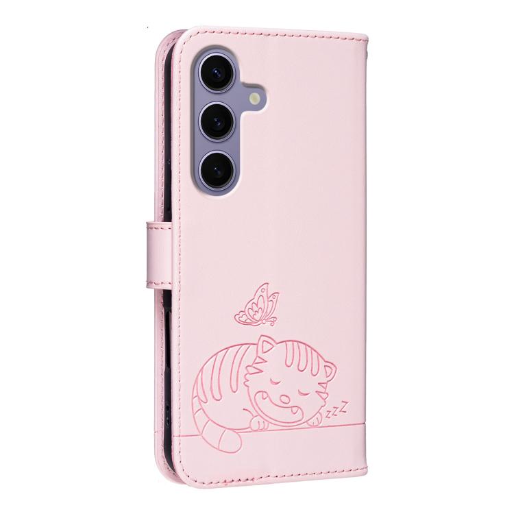 Custodia per telefono in ecopelle con cinturino e stampa a rilievo di gatto e farfalla, con protezione RFID., For Galaxy S24 FE 5G, For Galaxy S24 Ultra 5G, For Galaxy S24+ 5G