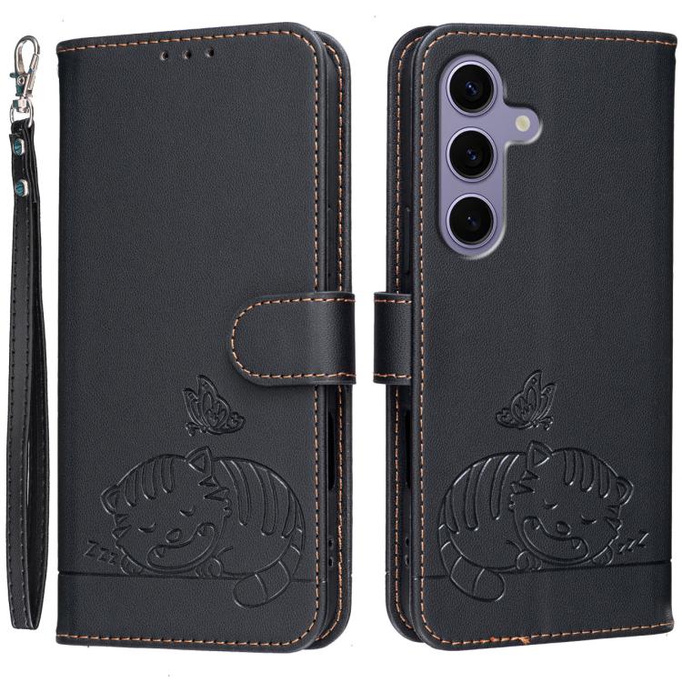 Custodia per telefono in ecopelle con cinturino e stampa a rilievo di gatto e farfalla, con protezione RFID., For Galaxy S24 FE 5G, For Galaxy S24 Ultra 5G, For Galaxy S24+ 5G