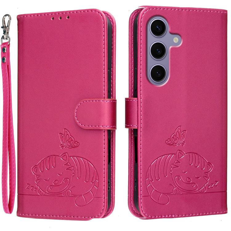 Custodia per telefono in ecopelle con cinturino e stampa a rilievo di gatto e farfalla, con protezione RFID., For Galaxy S24 FE 5G, For Galaxy S24 Ultra 5G, For Galaxy S24+ 5G