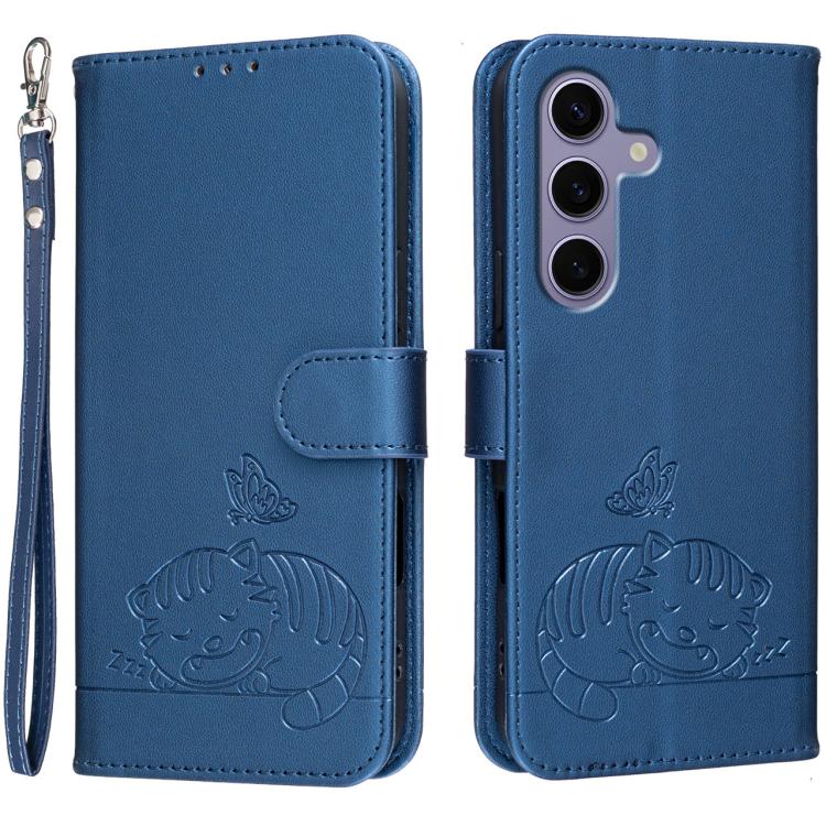 Custodia per telefono in ecopelle con cinturino e stampa a rilievo di gatto e farfalla, con protezione RFID., For Galaxy S24 FE 5G, For Galaxy S24 Ultra 5G, For Galaxy S24+ 5G