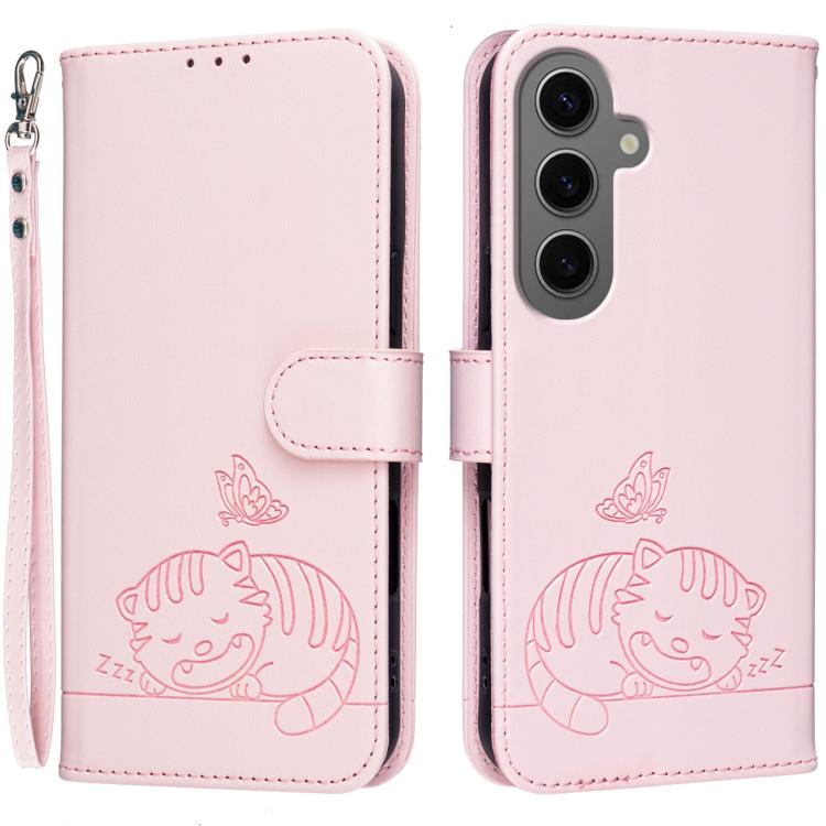 Custodia per telefono in ecopelle con cinturino e stampa a rilievo di gatto e farfalla, con protezione RFID., For Galaxy S24 FE 5G, For Galaxy S24 Ultra 5G, For Galaxy S24+ 5G
