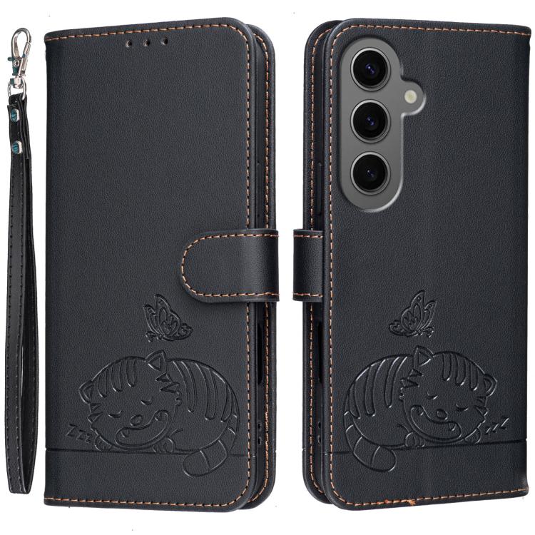Custodia per telefono in ecopelle con cinturino e stampa a rilievo di gatto e farfalla, con protezione RFID., For Galaxy S24 FE 5G, For Galaxy S24 Ultra 5G, For Galaxy S24+ 5G