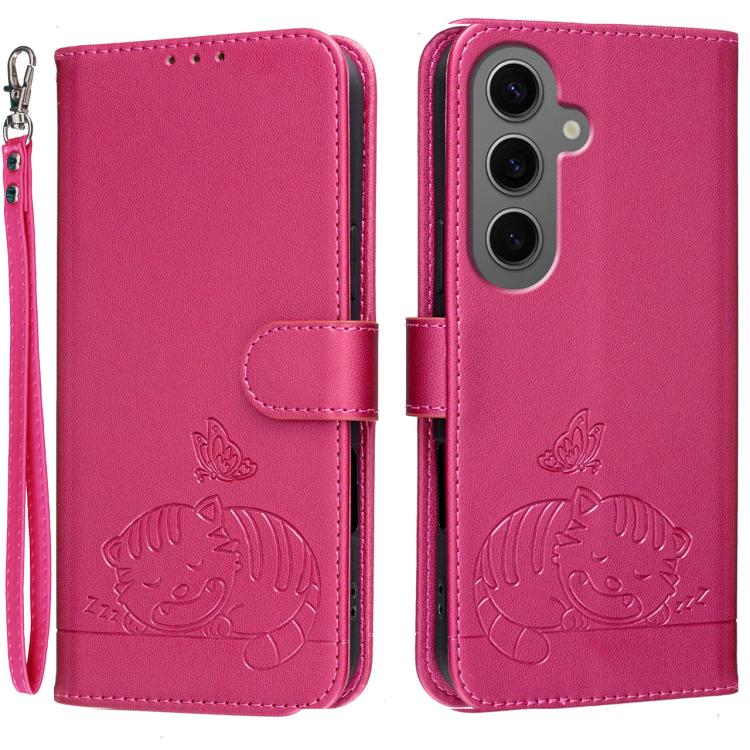 Custodia per telefono in ecopelle con cinturino e stampa a rilievo di gatto e farfalla, con protezione RFID., For Galaxy S24 FE 5G, For Galaxy S24 Ultra 5G, For Galaxy S24+ 5G