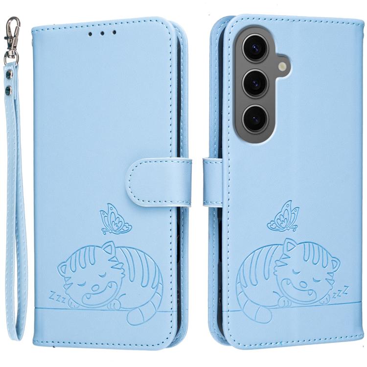 Custodia per telefono in ecopelle con cinturino e stampa a rilievo di gatto e farfalla, con protezione RFID., For Galaxy S24 FE 5G, For Galaxy S24 Ultra 5G, For Galaxy S24+ 5G