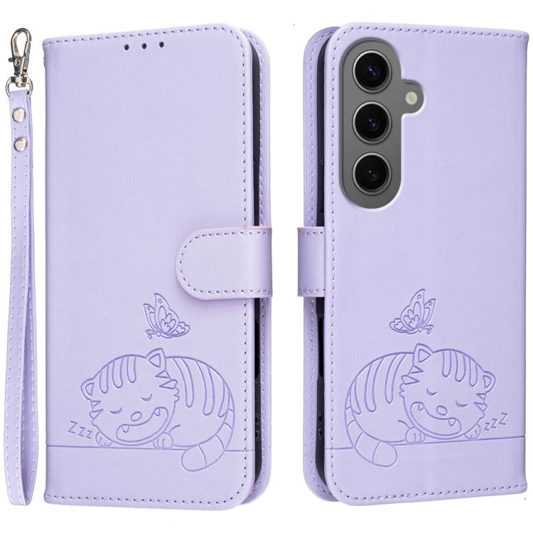 Custodia per telefono in ecopelle con cinturino e stampa a rilievo di gatto e farfalla, con protezione RFID., For Galaxy S24 FE 5G, For Galaxy S24 Ultra 5G, For Galaxy S24+ 5G