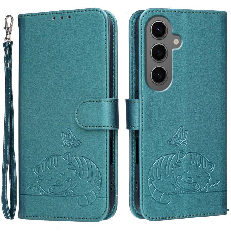 Custodia per telefono in ecopelle con cinturino e stampa a rilievo di gatto e farfalla, con protezione RFID., For Galaxy S24 FE 5G, For Galaxy S24 Ultra 5G, For Galaxy S24+ 5G