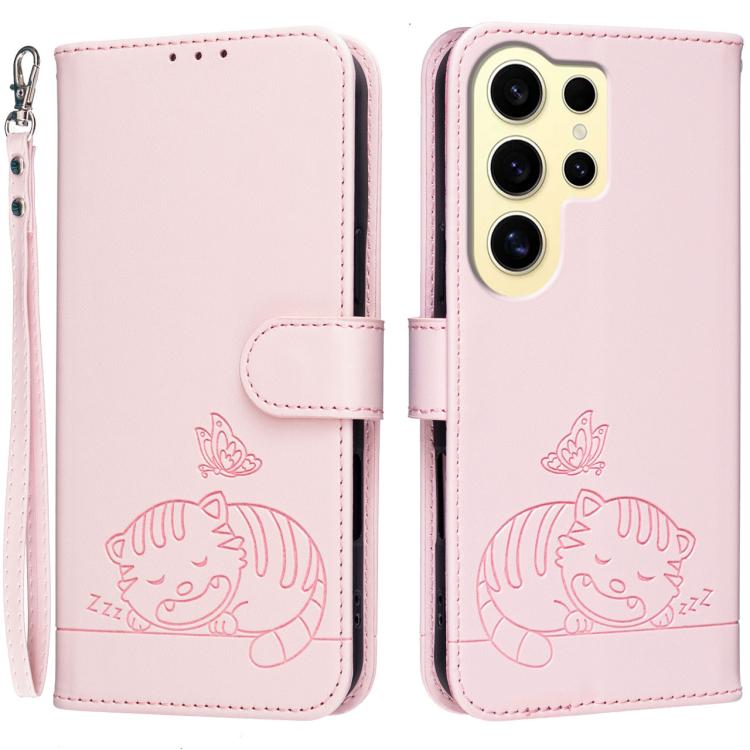 Custodia per telefono in ecopelle con cinturino e stampa a rilievo di gatto e farfalla, con protezione RFID., For Galaxy S24 FE 5G, For Galaxy S24 Ultra 5G, For Galaxy S24+ 5G