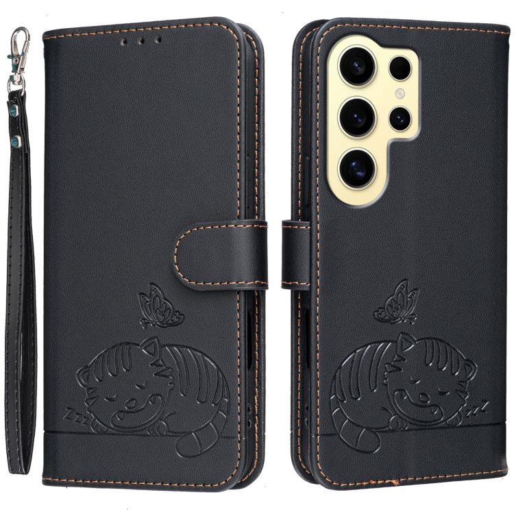 Custodia per telefono in ecopelle con cinturino e stampa a rilievo di gatto e farfalla, con protezione RFID., For Galaxy S24 FE 5G, For Galaxy S24 Ultra 5G, For Galaxy S24+ 5G
