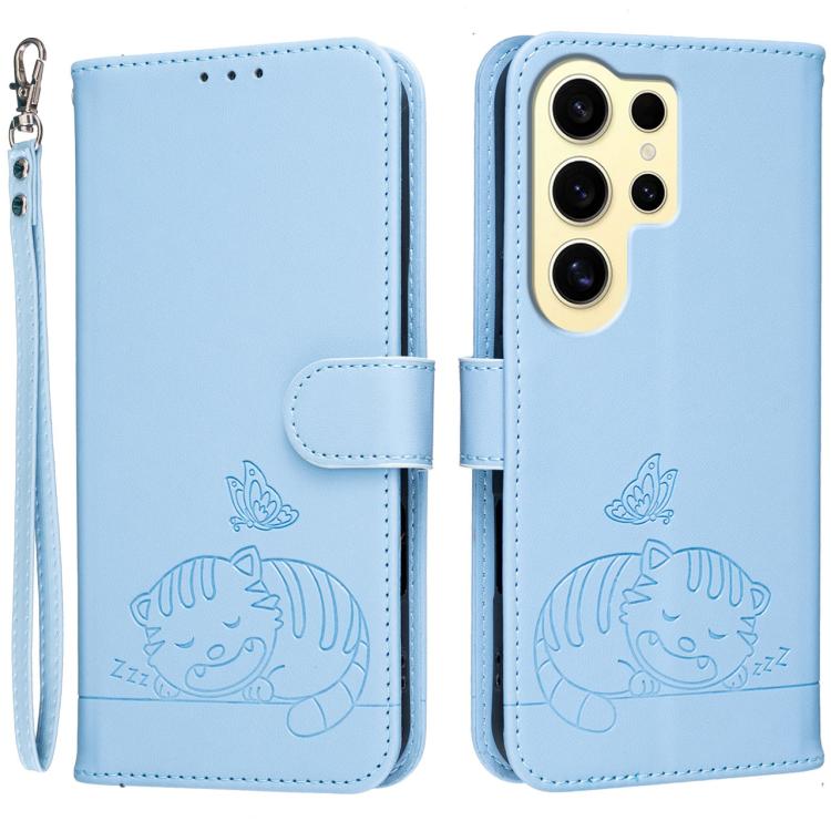 Custodia per telefono in ecopelle con cinturino e stampa a rilievo di gatto e farfalla, con protezione RFID., For Galaxy S24 FE 5G, For Galaxy S24 Ultra 5G, For Galaxy S24+ 5G