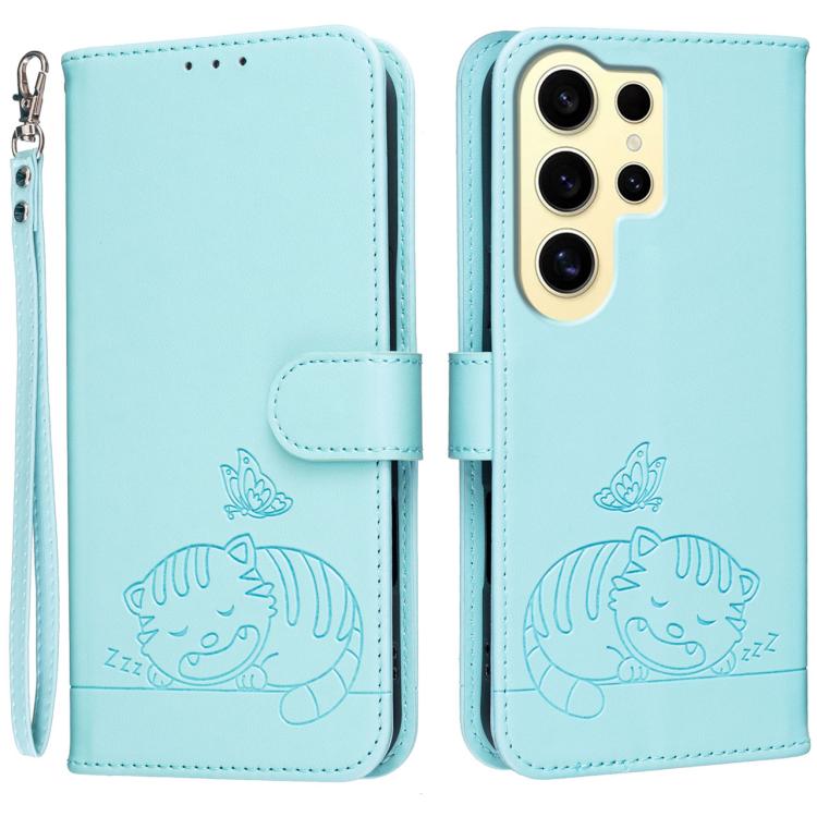 Custodia per telefono in ecopelle con cinturino e stampa a rilievo di gatto e farfalla, con protezione RFID., For Galaxy S24 FE 5G, For Galaxy S24 Ultra 5G, For Galaxy S24+ 5G