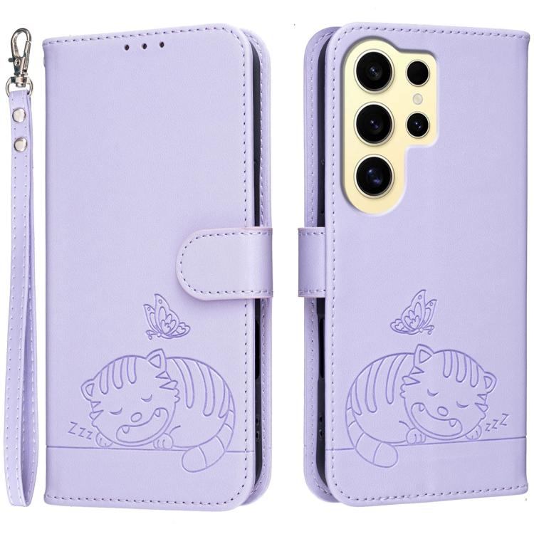 Custodia per telefono in ecopelle con cinturino e stampa a rilievo di gatto e farfalla, con protezione RFID., For Galaxy S24 FE 5G, For Galaxy S24 Ultra 5G, For Galaxy S24+ 5G