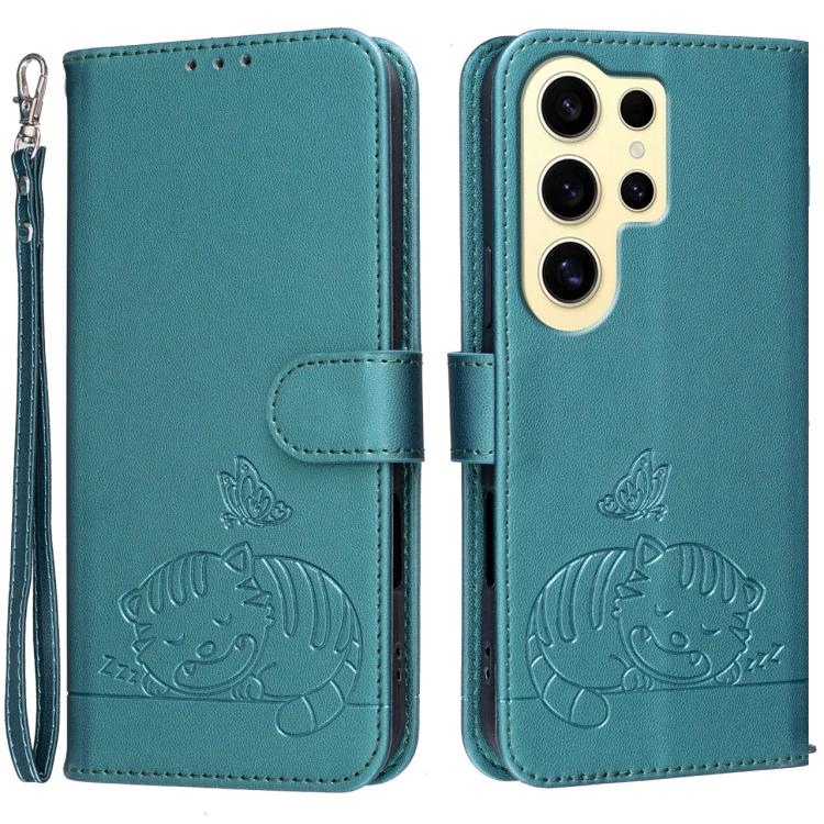 Custodia per telefono in ecopelle con cinturino e stampa a rilievo di gatto e farfalla, con protezione RFID., For Galaxy S24 FE 5G, For Galaxy S24 Ultra 5G, For Galaxy S24+ 5G