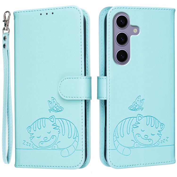 Custodia per telefono in ecopelle con cinturino e stampa a rilievo di gatto e farfalla, con protezione RFID., For Galaxy S25 5G, For Galaxy S25+ 5G, For Galaxy S25 Ultra 5G