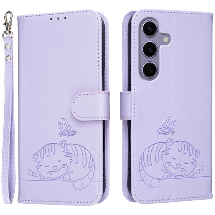 Custodia per telefono in ecopelle con cinturino e stampa a rilievo di gatto e farfalla, con protezione RFID., For Galaxy S25 5G, For Galaxy S25+ 5G, For Galaxy S25 Ultra 5G