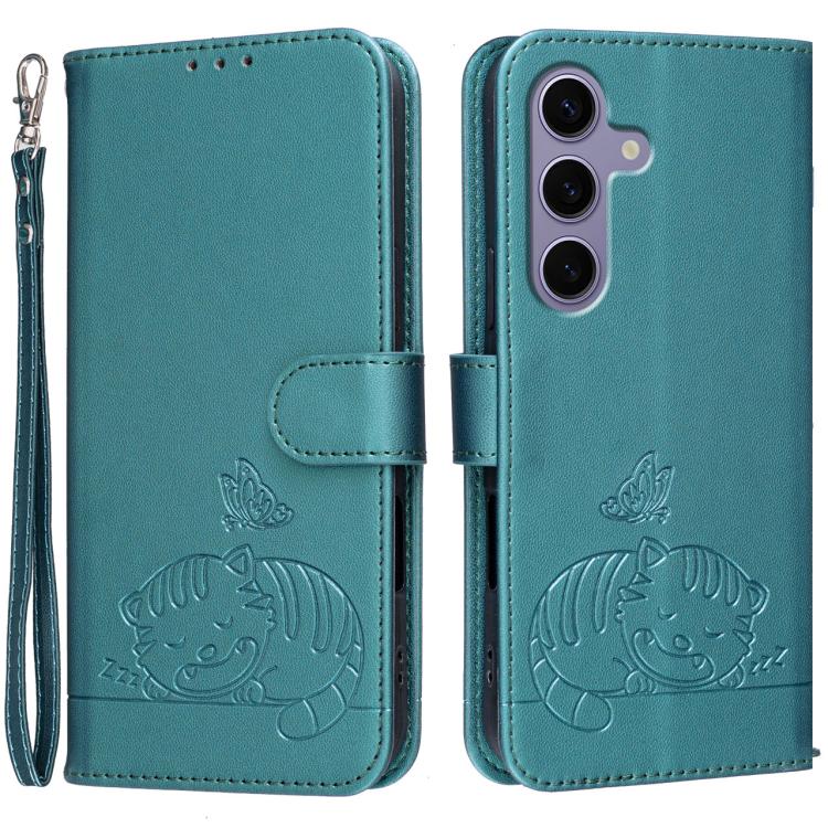 Custodia per telefono in ecopelle con cinturino e stampa a rilievo di gatto e farfalla, con protezione RFID., For Galaxy S25 5G, For Galaxy S25+ 5G, For Galaxy S25 Ultra 5G