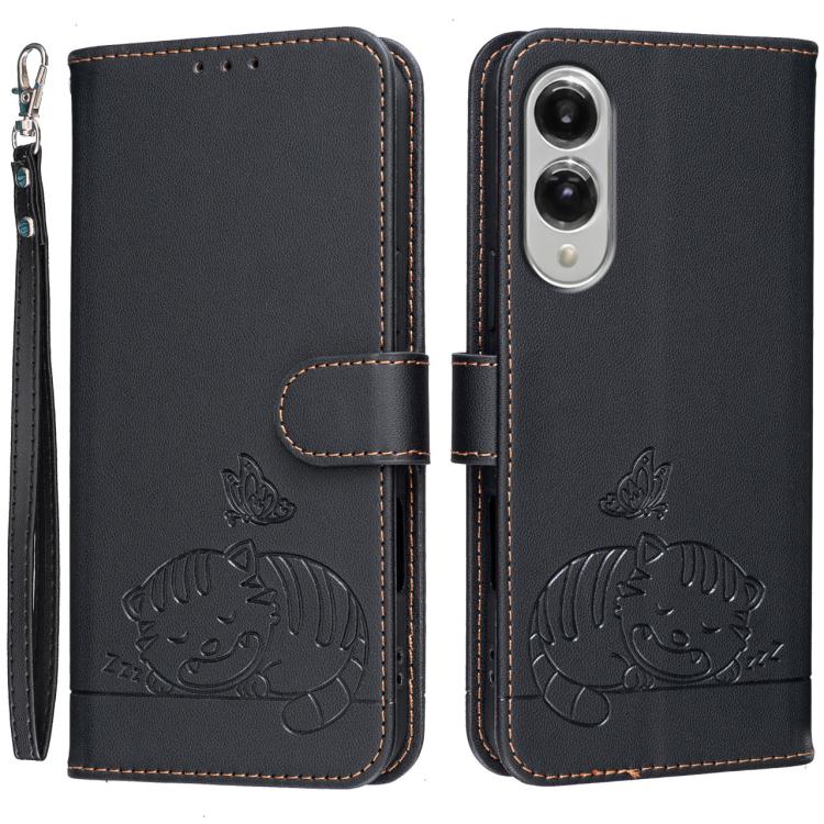 Custodia per telefono in ecopelle con cinturino e stampa a rilievo di gatto e farfalla, con protezione RFID., For Galaxy S26 5G, For Galaxy S25 FE 5G, For Galaxy S25 Edge 5G