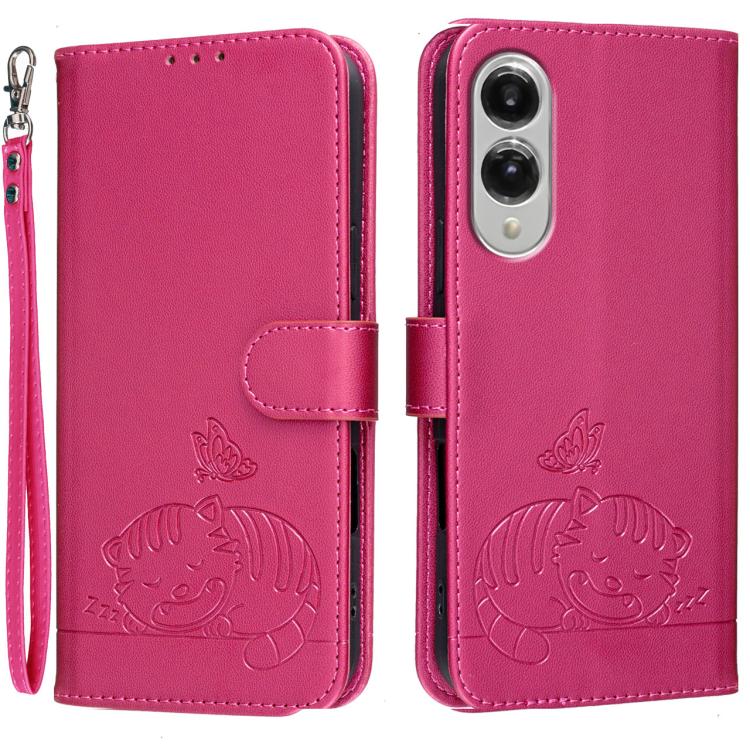 Custodia per telefono in ecopelle con cinturino e stampa a rilievo di gatto e farfalla, con protezione RFID., For Galaxy S26 5G, For Galaxy S25 FE 5G, For Galaxy S25 Edge 5G