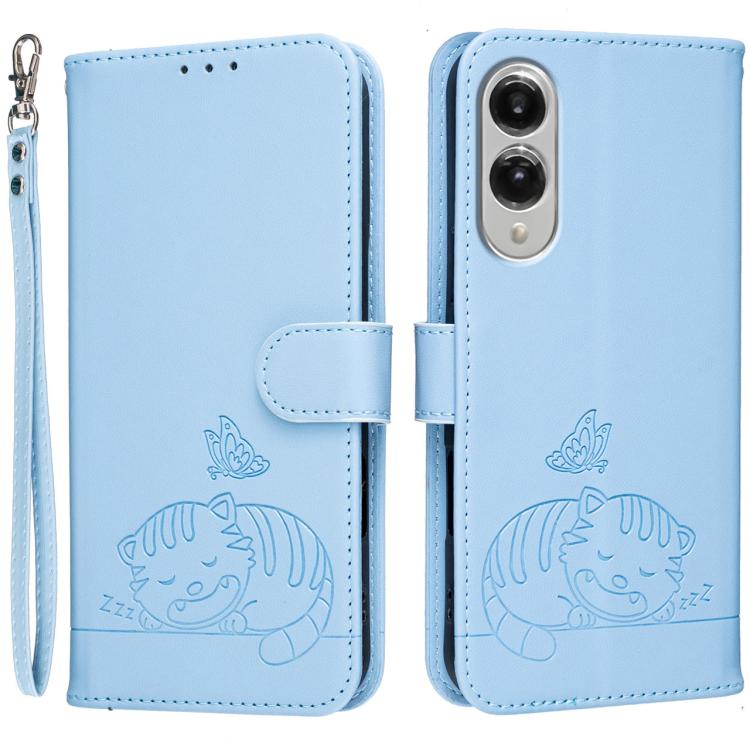 Custodia per telefono in ecopelle con cinturino e stampa a rilievo di gatto e farfalla, con protezione RFID., For Galaxy S26 5G, For Galaxy S25 FE 5G, For Galaxy S25 Edge 5G