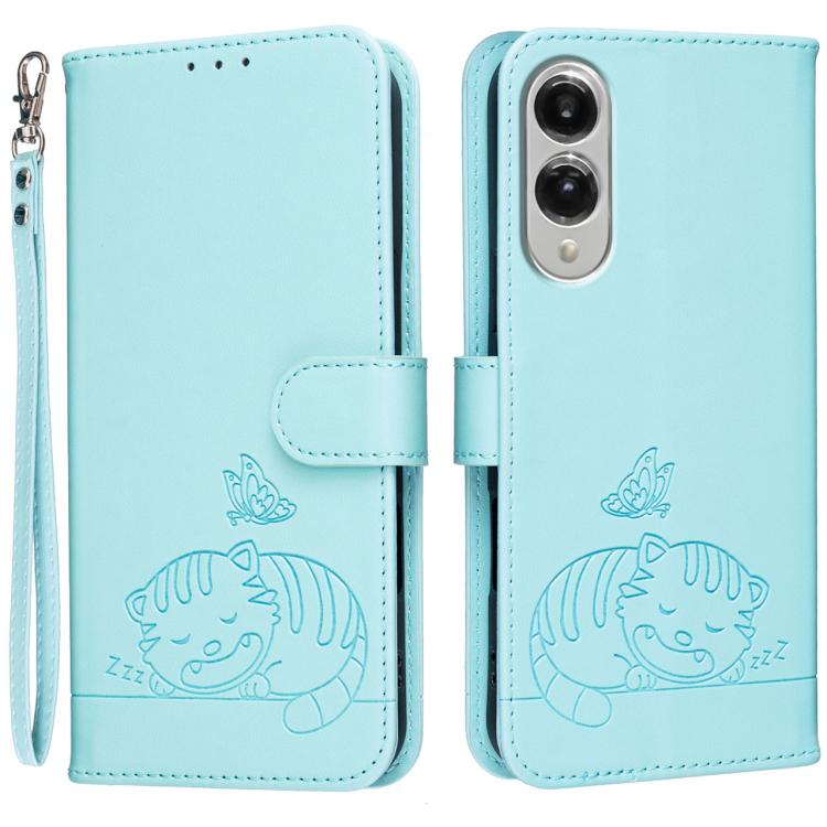 Custodia per telefono in ecopelle con cinturino e stampa a rilievo di gatto e farfalla, con protezione RFID., For Galaxy S26 5G, For Galaxy S25 FE 5G, For Galaxy S25 Edge 5G