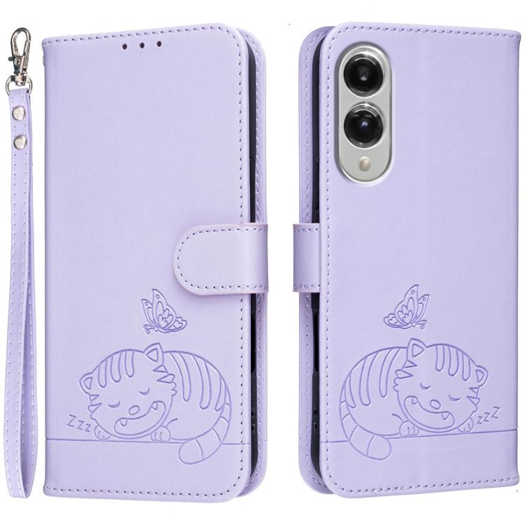 Custodia per telefono in ecopelle con cinturino e stampa a rilievo di gatto e farfalla, con protezione RFID., For Galaxy S26 5G, For Galaxy S25 FE 5G, For Galaxy S25 Edge 5G