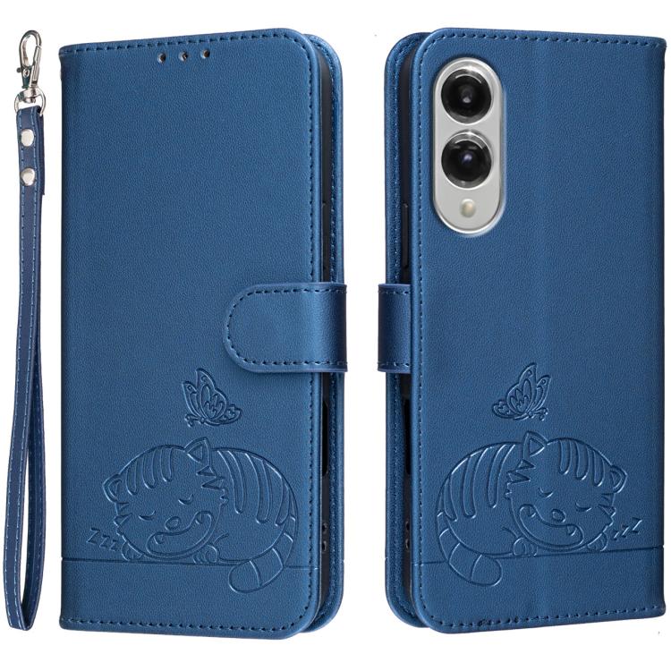 Custodia per telefono in ecopelle con cinturino e stampa a rilievo di gatto e farfalla, con protezione RFID., For Galaxy S26 5G, For Galaxy S25 FE 5G, For Galaxy S25 Edge 5G