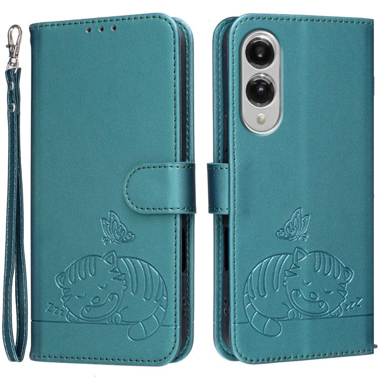 Custodia per telefono in ecopelle con cinturino e stampa a rilievo di gatto e farfalla, con protezione RFID., For Galaxy S26 5G, For Galaxy S25 FE 5G, For Galaxy S25 Edge 5G