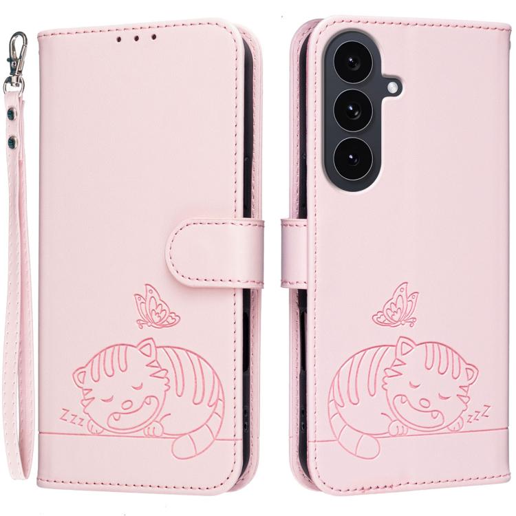 Custodia per telefono in ecopelle con cinturino e stampa a rilievo di gatto e farfalla, con protezione RFID., For Galaxy S26 5G, For Galaxy S25 FE 5G, For Galaxy S25 Edge 5G