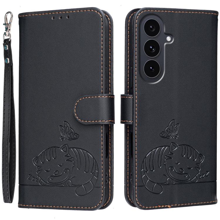 Custodia per telefono in ecopelle con cinturino e stampa a rilievo di gatto e farfalla, con protezione RFID., For Galaxy S26 5G, For Galaxy S25 FE 5G, For Galaxy S25 Edge 5G