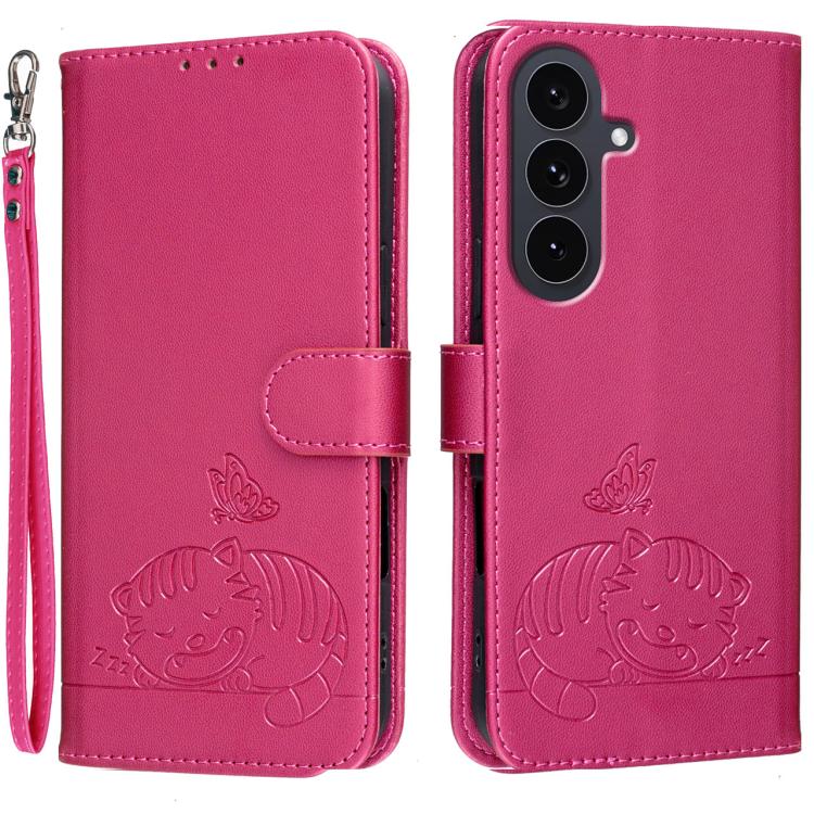 Custodia per telefono in ecopelle con cinturino e stampa a rilievo di gatto e farfalla, con protezione RFID., For Galaxy S26 5G, For Galaxy S25 FE 5G, For Galaxy S25 Edge 5G
