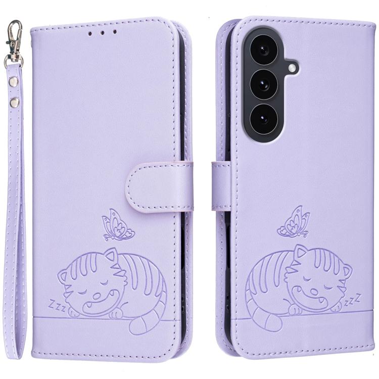 Custodia per telefono in ecopelle con cinturino e stampa a rilievo di gatto e farfalla, con protezione RFID., For Galaxy S26 5G, For Galaxy S25 FE 5G, For Galaxy S25 Edge 5G