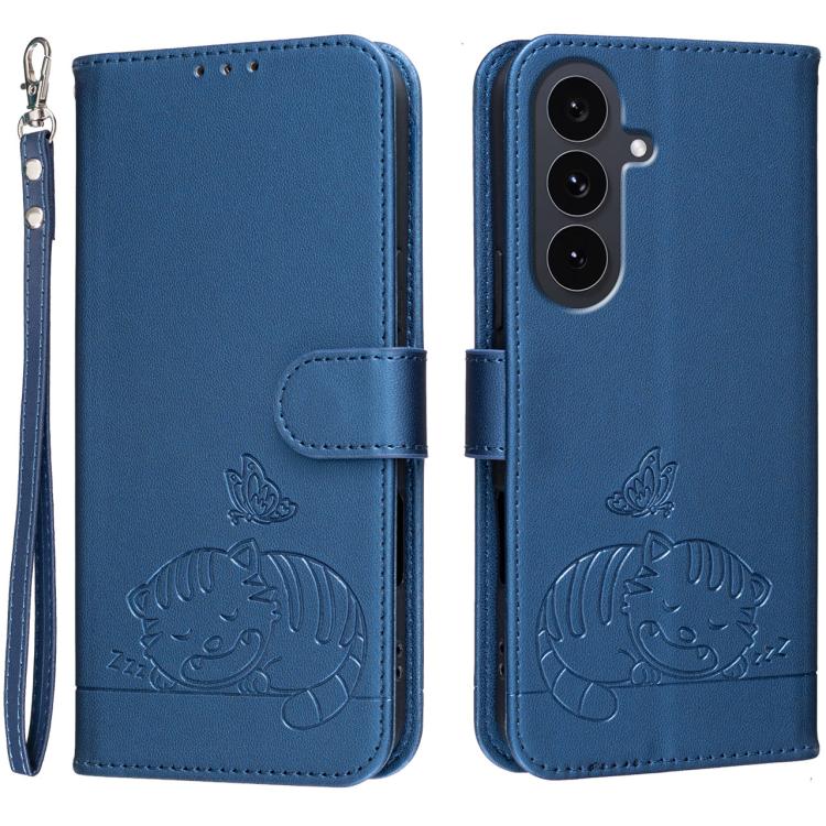 Custodia per telefono in ecopelle con cinturino e stampa a rilievo di gatto e farfalla, con protezione RFID., For Galaxy S26 5G, For Galaxy S25 FE 5G, For Galaxy S25 Edge 5G