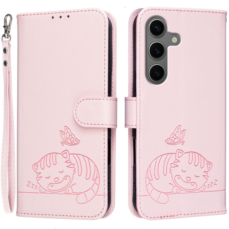 Custodia per telefono in ecopelle con cinturino e stampa a rilievo di gatto e farfalla, con protezione RFID., For Galaxy S25 5G, For Galaxy S25+ 5G, For Galaxy S25 Ultra 5G