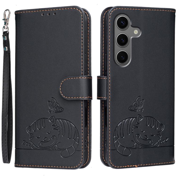 Custodia per telefono in ecopelle con cinturino e stampa a rilievo di gatto e farfalla, con protezione RFID., For Galaxy S25 5G, For Galaxy S25+ 5G, For Galaxy S25 Ultra 5G