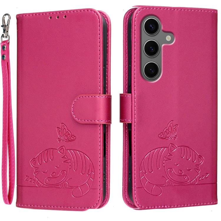 Custodia per telefono in ecopelle con cinturino e stampa a rilievo di gatto e farfalla, con protezione RFID., For Galaxy S25 5G, For Galaxy S25+ 5G, For Galaxy S25 Ultra 5G