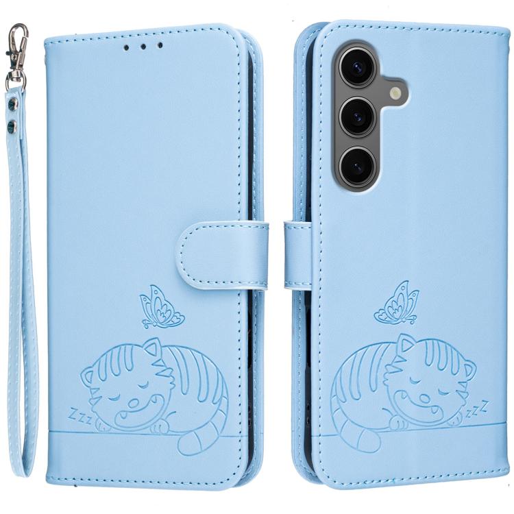 Custodia per telefono in ecopelle con cinturino e stampa a rilievo di gatto e farfalla, con protezione RFID., For Galaxy S25 5G, For Galaxy S25+ 5G, For Galaxy S25 Ultra 5G
