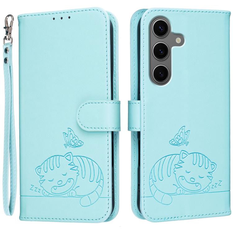 Custodia per telefono in ecopelle con cinturino e stampa a rilievo di gatto e farfalla, con protezione RFID., For Galaxy S25 5G, For Galaxy S25+ 5G, For Galaxy S25 Ultra 5G