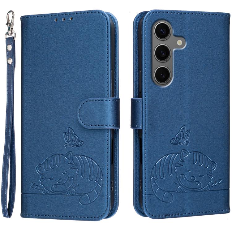 Custodia per telefono in ecopelle con cinturino e stampa a rilievo di gatto e farfalla, con protezione RFID., For Galaxy S25 5G, For Galaxy S25+ 5G, For Galaxy S25 Ultra 5G