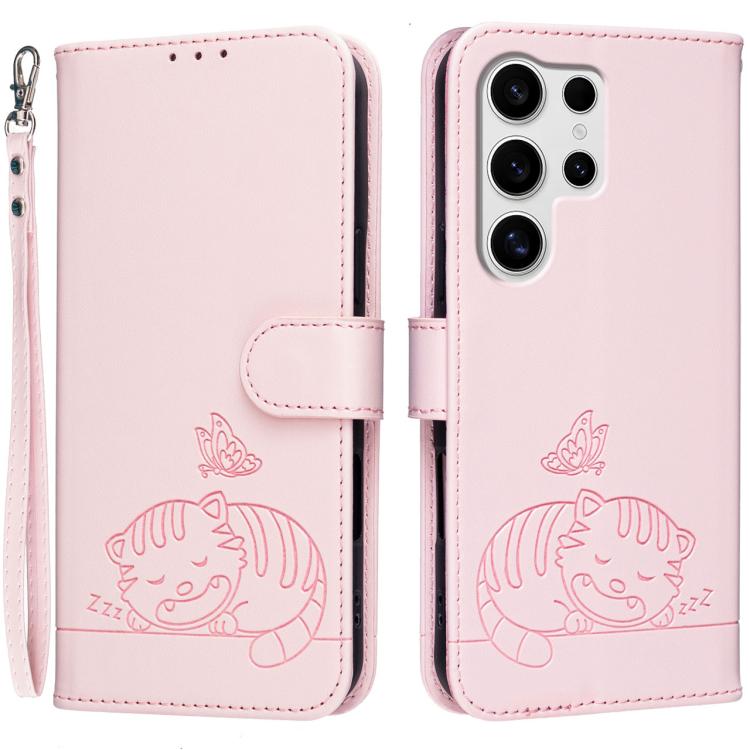 Custodia per telefono in ecopelle con cinturino e stampa a rilievo di gatto e farfalla, con protezione RFID., For Galaxy S25 5G, For Galaxy S25+ 5G, For Galaxy S25 Ultra 5G
