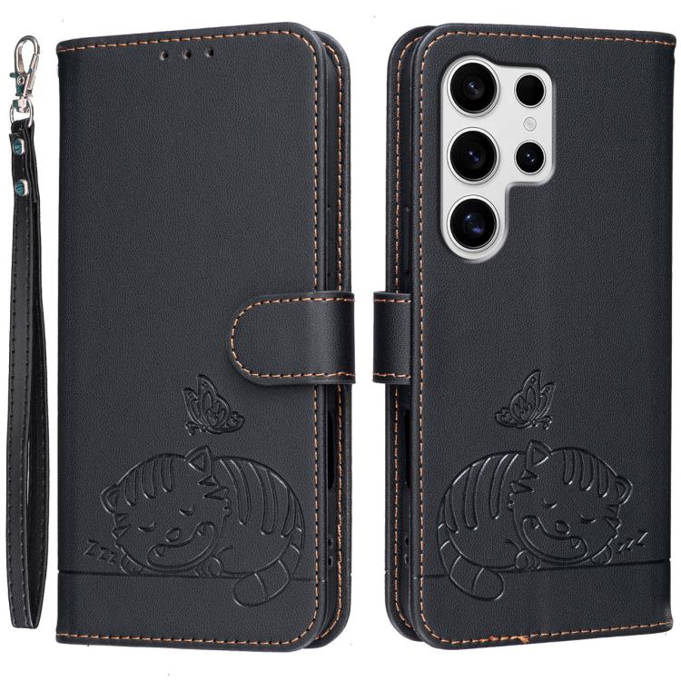 Custodia per telefono in ecopelle con cinturino e stampa a rilievo di gatto e farfalla, con protezione RFID., For Galaxy S25 5G, For Galaxy S25+ 5G, For Galaxy S25 Ultra 5G