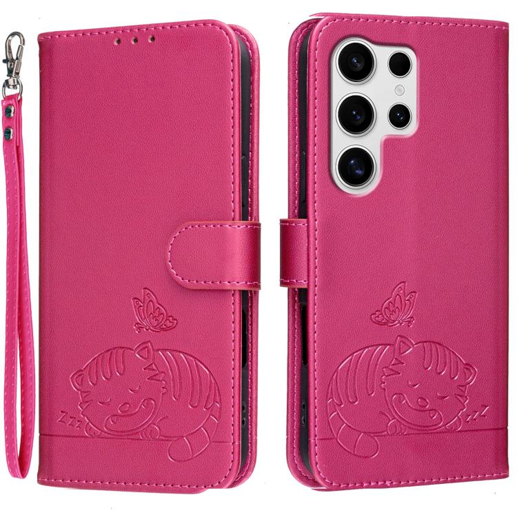 Custodia per telefono in ecopelle con cinturino e stampa a rilievo di gatto e farfalla, con protezione RFID., For Galaxy S25 5G, For Galaxy S25+ 5G, For Galaxy S25 Ultra 5G