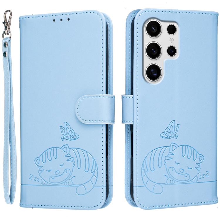Custodia per telefono in ecopelle con cinturino e stampa a rilievo di gatto e farfalla, con protezione RFID., For Galaxy S25 5G, For Galaxy S25+ 5G, For Galaxy S25 Ultra 5G