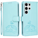 Custodia per telefono in ecopelle con cinturino e stampa a rilievo di gatto e farfalla, con protezione RFID., For Galaxy S25 5G, For Galaxy S25+ 5G, For Galaxy S25 Ultra 5G