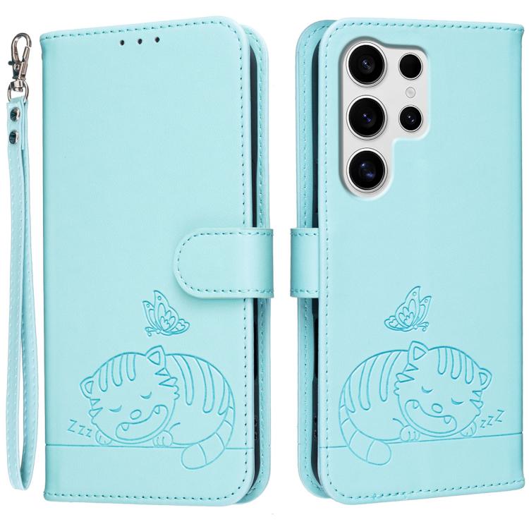 Custodia per telefono in ecopelle con cinturino e stampa a rilievo di gatto e farfalla, con protezione RFID., For Galaxy S25 5G, For Galaxy S25+ 5G, For Galaxy S25 Ultra 5G