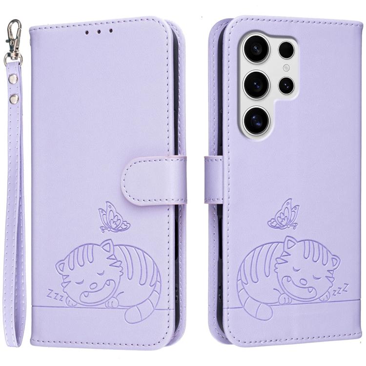 Custodia per telefono in ecopelle con cinturino e stampa a rilievo di gatto e farfalla, con protezione RFID., For Galaxy S25 5G, For Galaxy S25+ 5G, For Galaxy S25 Ultra 5G