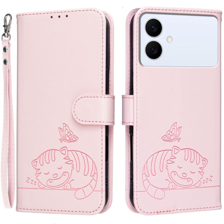 Custodia per telefono in ecopelle con cinturino e stampa a rilievo di gatto e farfalla, con protezione RFID., For Galaxy S26 FE 5G, For Galaxy S26 Edge 5G, For Galaxy S26 Ultra 5G