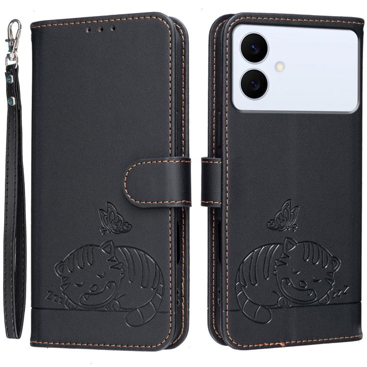 Custodia per telefono in ecopelle con cinturino e stampa a rilievo di gatto e farfalla, con protezione RFID., For Galaxy S26 FE 5G, For Galaxy S26 Edge 5G, For Galaxy S26 Ultra 5G