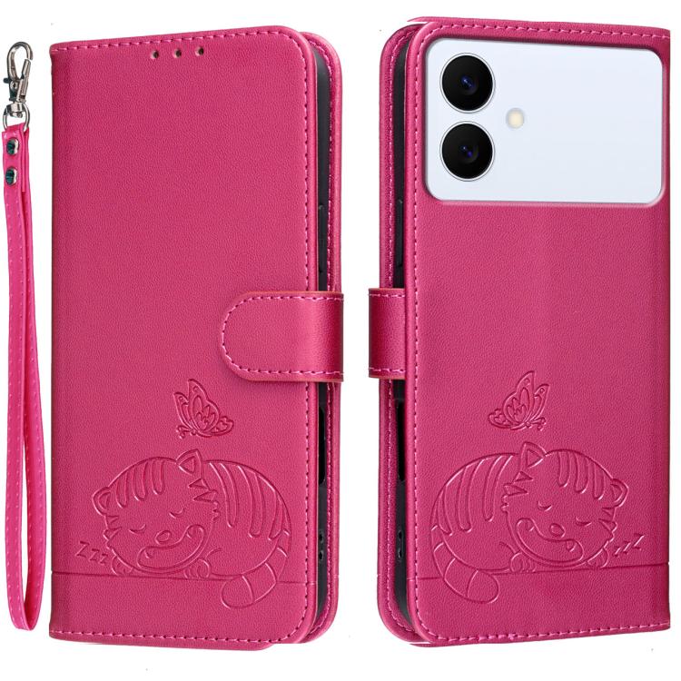 Custodia per telefono in ecopelle con cinturino e stampa a rilievo di gatto e farfalla, con protezione RFID., For Galaxy S26 FE 5G, For Galaxy S26 Edge 5G, For Galaxy S26 Ultra 5G