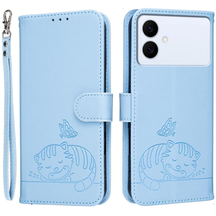 Custodia per telefono in ecopelle con cinturino e stampa a rilievo di gatto e farfalla, con protezione RFID., For Galaxy S26 FE 5G, For Galaxy S26 Edge 5G, For Galaxy S26 Ultra 5G