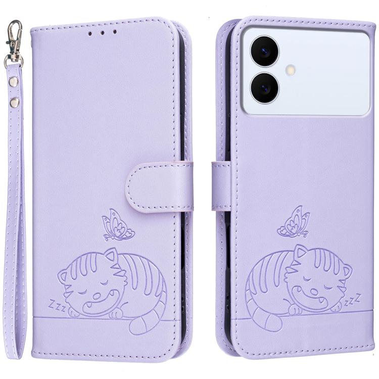 Custodia per telefono in ecopelle con cinturino e stampa a rilievo di gatto e farfalla, con protezione RFID., For Galaxy S26 FE 5G, For Galaxy S26 Edge 5G, For Galaxy S26 Ultra 5G