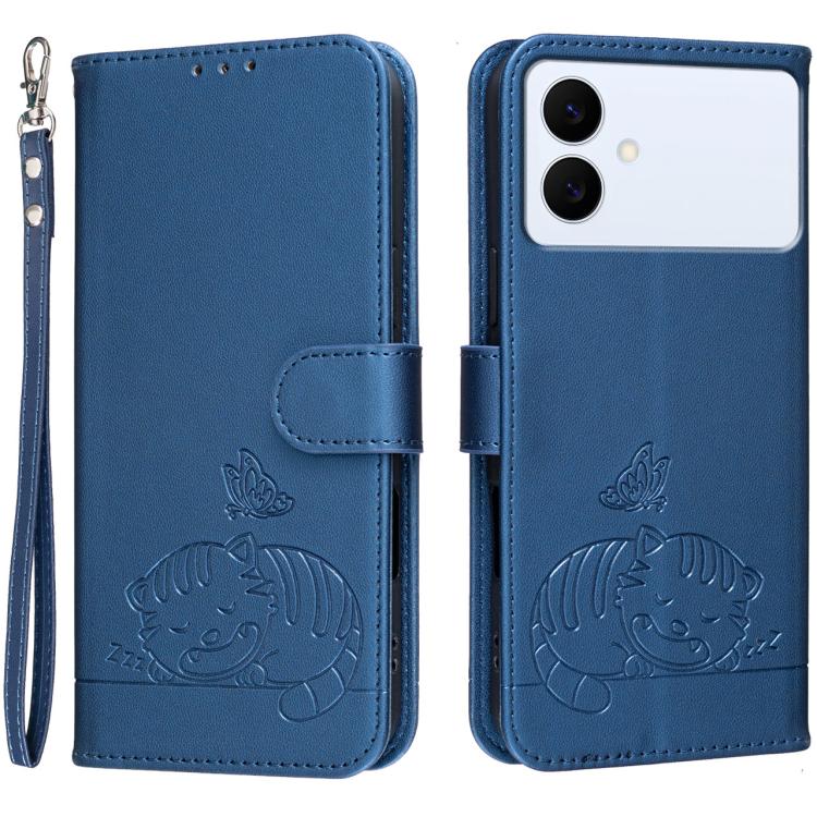 Custodia per telefono in ecopelle con cinturino e stampa a rilievo di gatto e farfalla, con protezione RFID., For Galaxy S26 FE 5G, For Galaxy S26 Edge 5G, For Galaxy S26 Ultra 5G